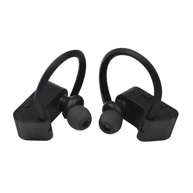 Black wireless Bluetooth earphones with ergonomic design shown on a grey background.