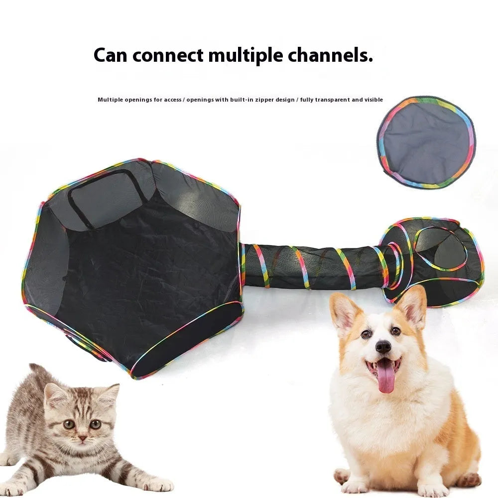 Foldable mesh cat roll cage in hexagonal style, showing breathable fabric and enclosed structure.
