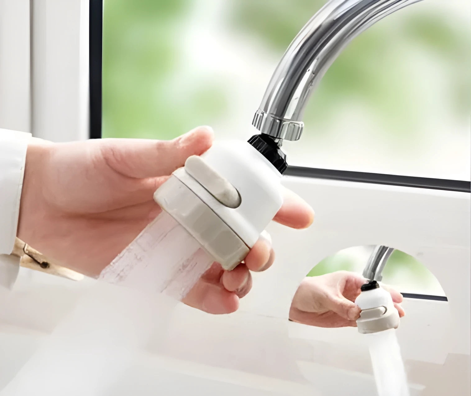 Faucet booster shower 3-mode spray ABS tap attachment white and grey 360-degree rotating for round kitchen taps