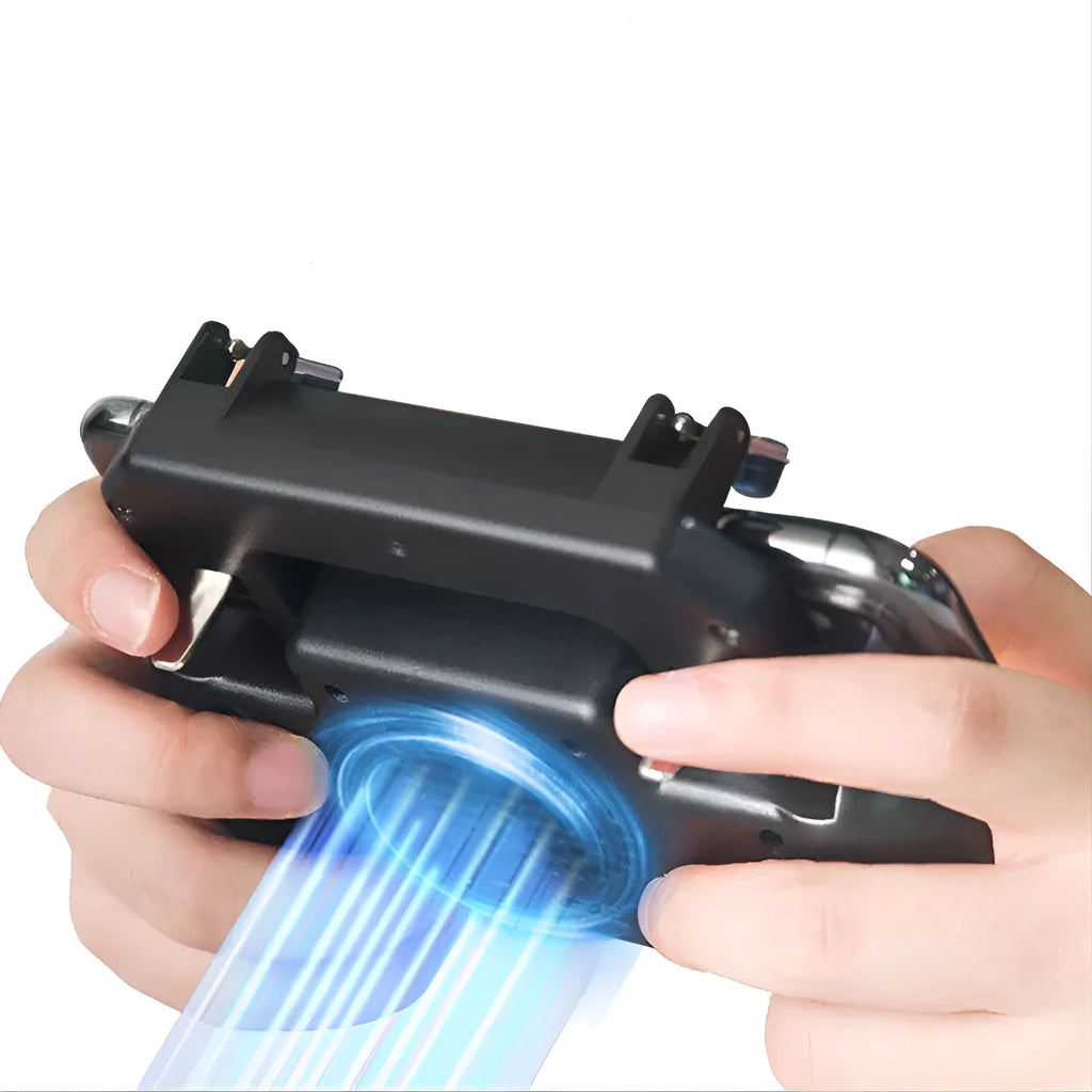 Black mobile phone game controller with USB cable, showing grip and action buttons.
