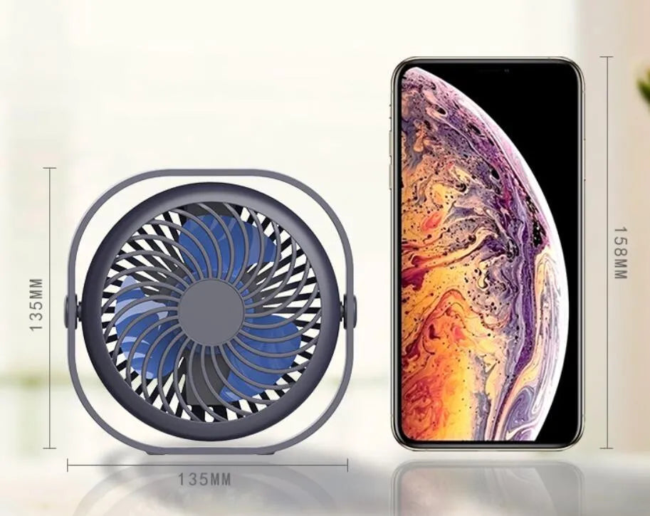 USB charging desk fan with 360-degree rotation in modern alarm clock design