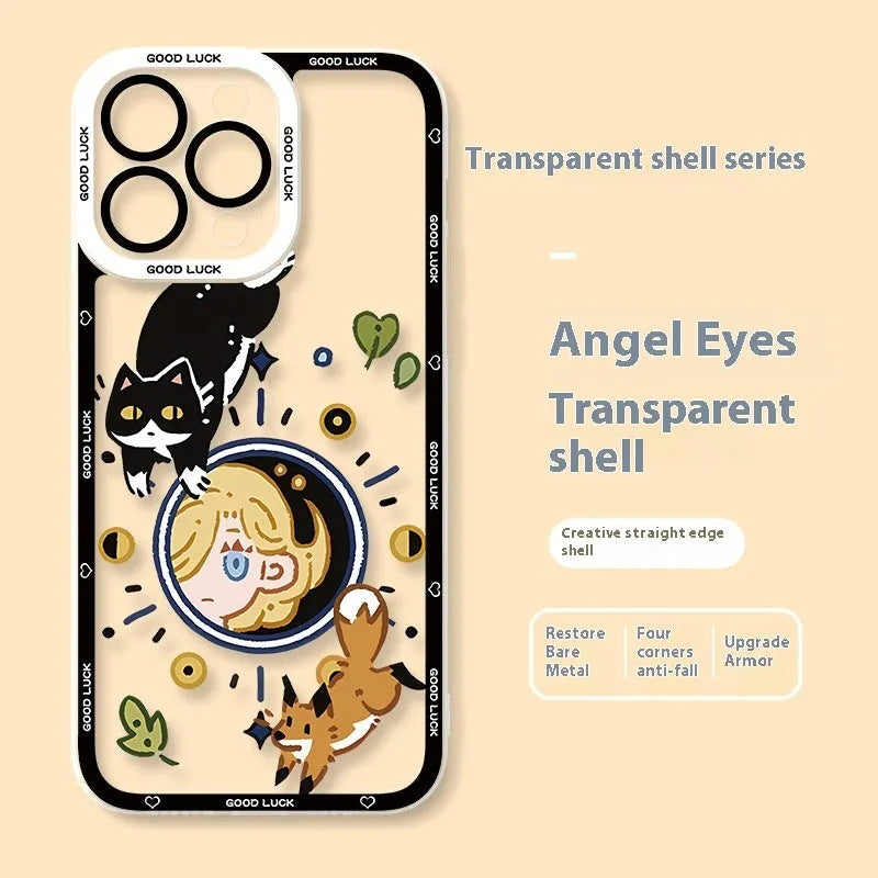 Drop-resistant silicone cat phone case with UV printed cartoon design for Apple iPhone transparent back
