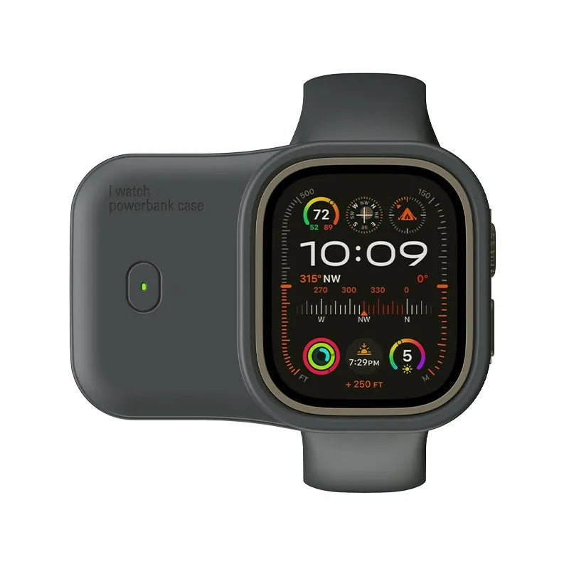 Apple Watch portable wireless charging case with silicone cover, shown next to 44mm watch