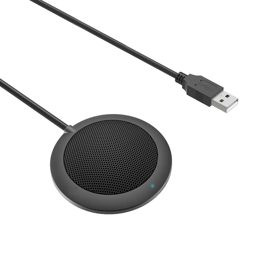 Black 360 degree omnidirectional USB microphone with zinc alloy shell and metal mesh cover on a desk