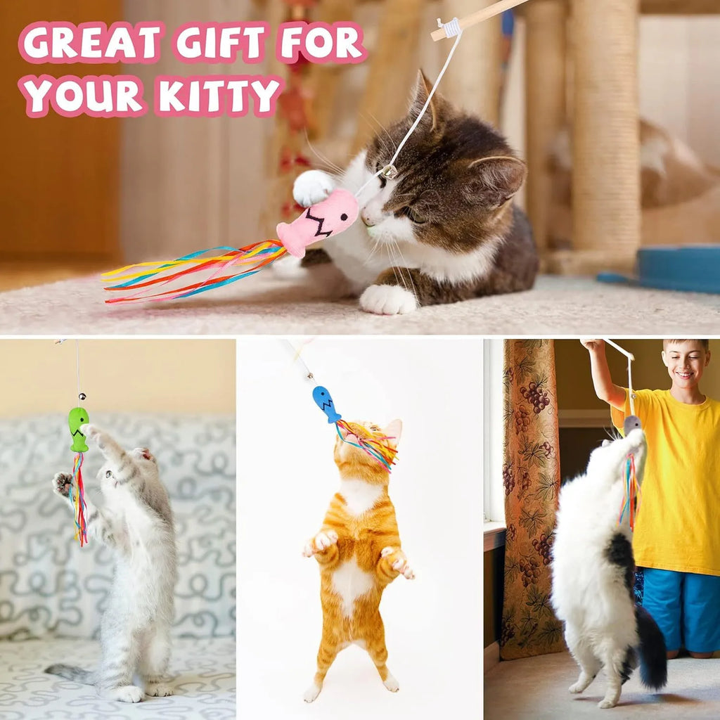Cat wand toy with colourful ribbons, catnip fish, and bell on wooden handle for interactive play