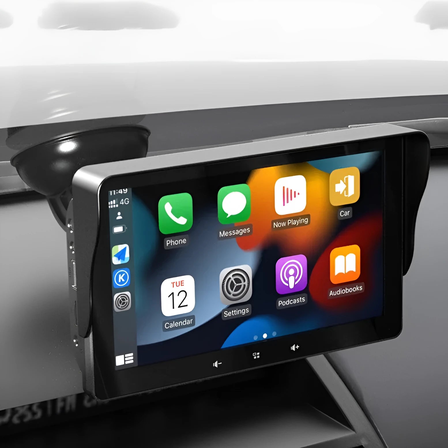 7-inch car wireless CarPlay display with suction cup mount and cigarette lighter power interface