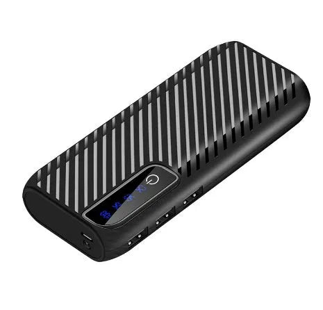 A compact 20000mAh portable power bank in various colours, showing its size and USB ports.