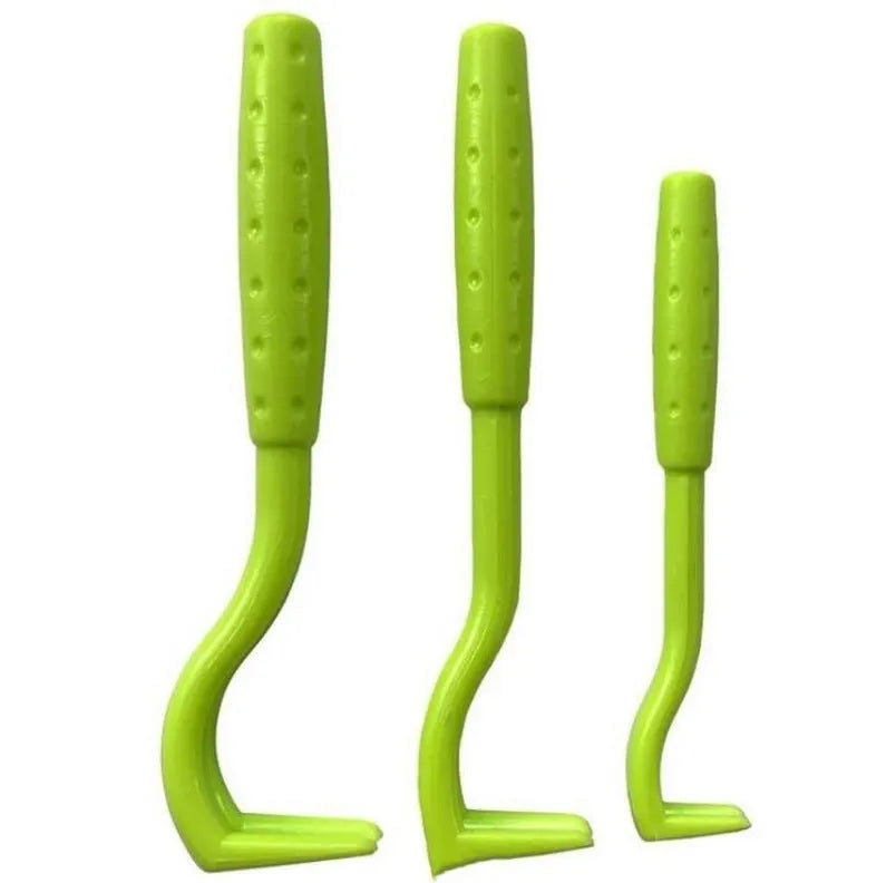 Three plastic tick removal hooks for pet grooming in blue and green colours