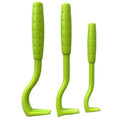 Three plastic tick removal hooks for pet grooming in blue and green colours