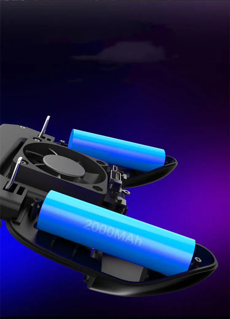 Black mobile phone game controller with USB cable, showing grip and action buttons.