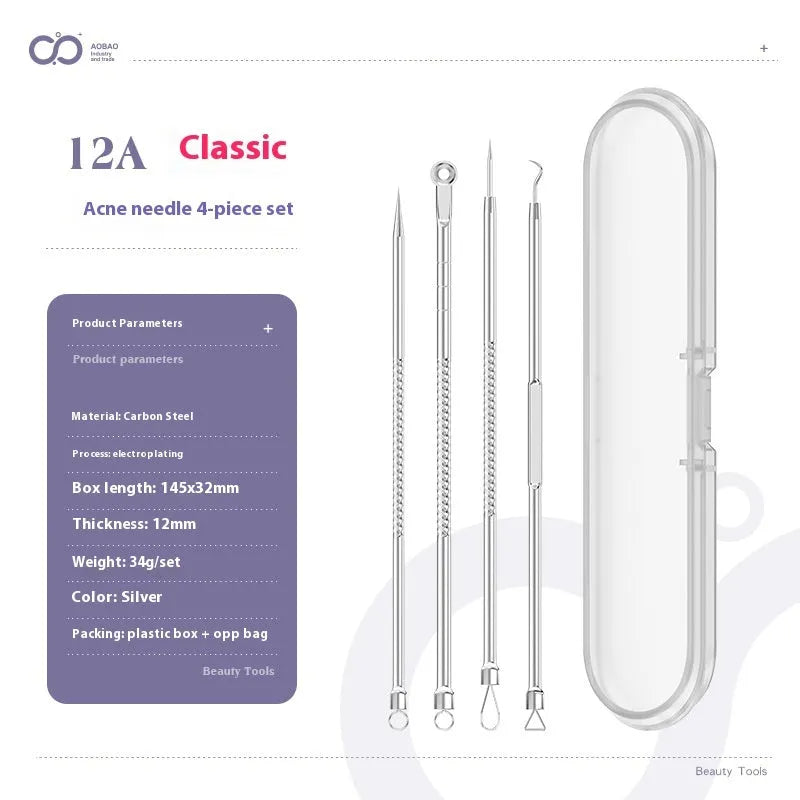 Four-piece stainless steel acne needle set with ultra-fine pointed tips and extraction clip on silver background