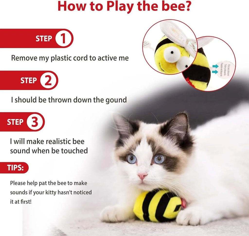 Yellow bee-shaped interactive cat toy with electronic motion-activated squeaking function