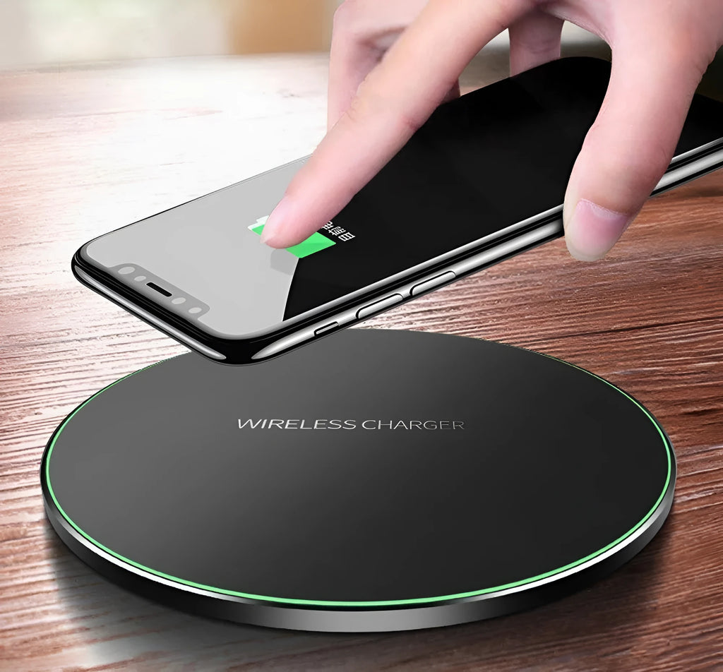 Black ultra-thin QI wireless fast charging pad with 98mm square dimensions and slim profile