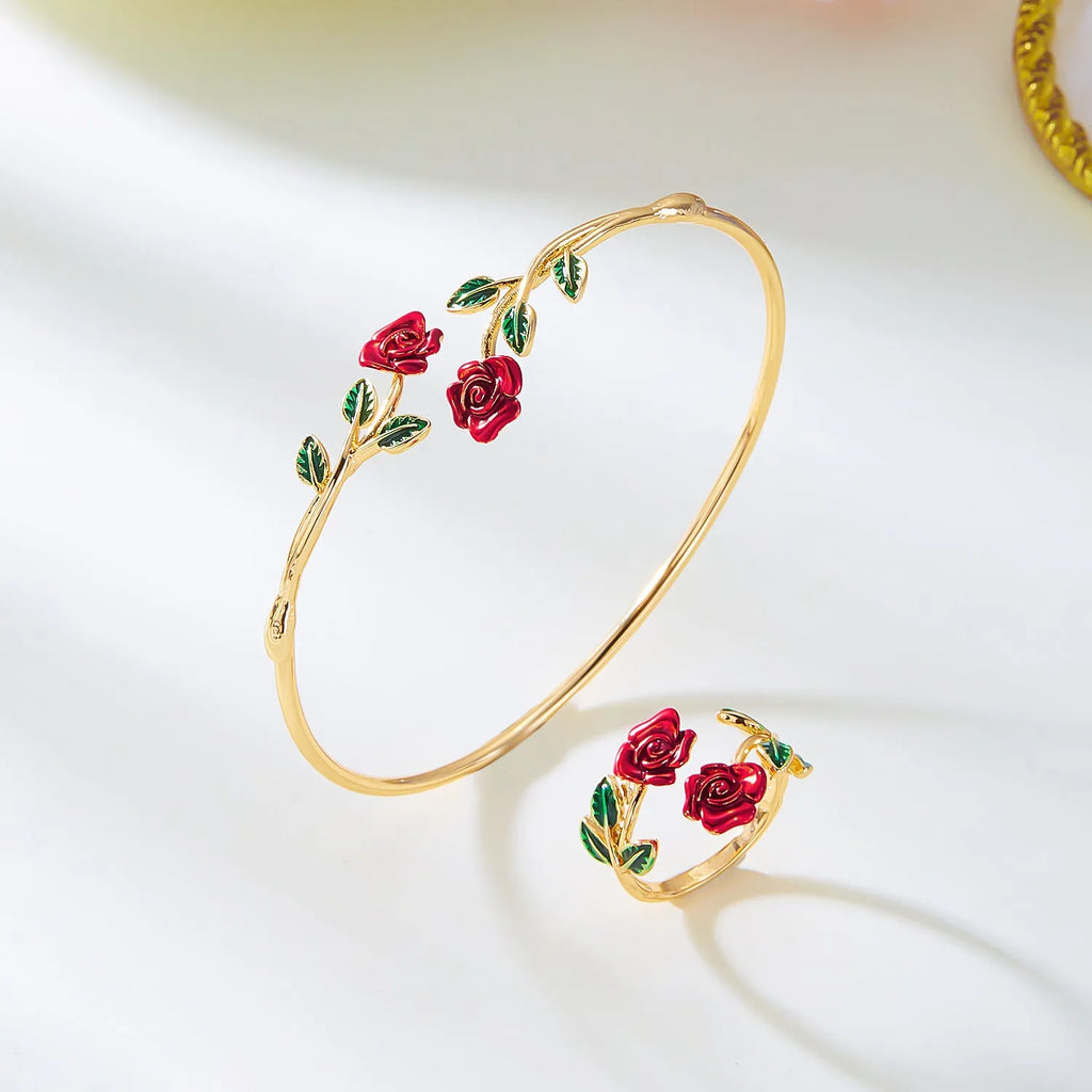 Rose open bracelet and ring set for women, electroplated copper, three colour options, European American style