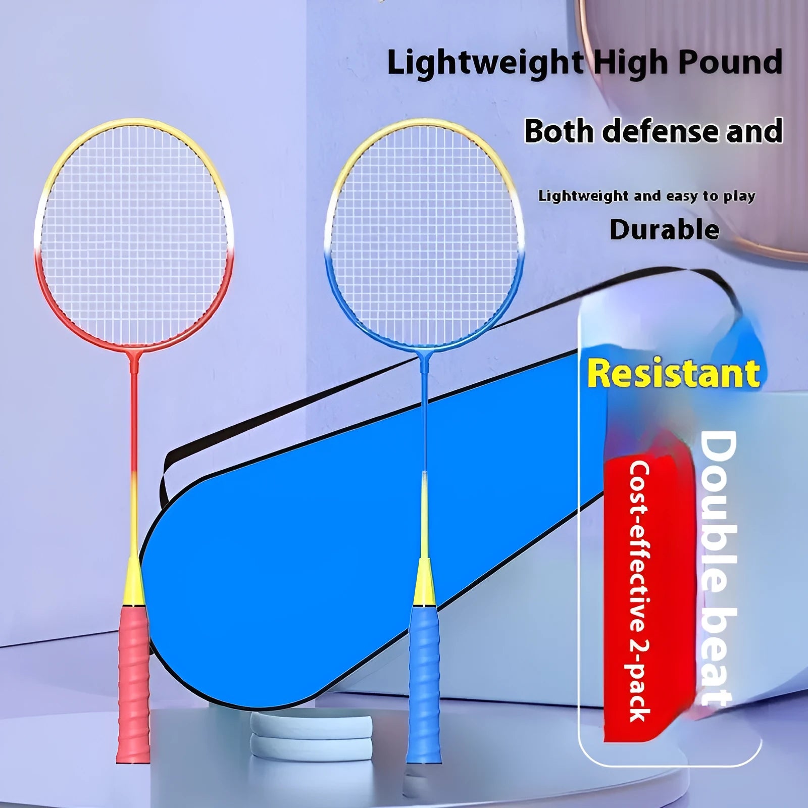 Blue and red alloy ultra-light split badminton rackets shown as a complete set of two
