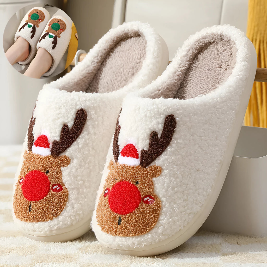Christmas winter home slippers with elk totem design, plush upper, anti-slip sole, in red and green