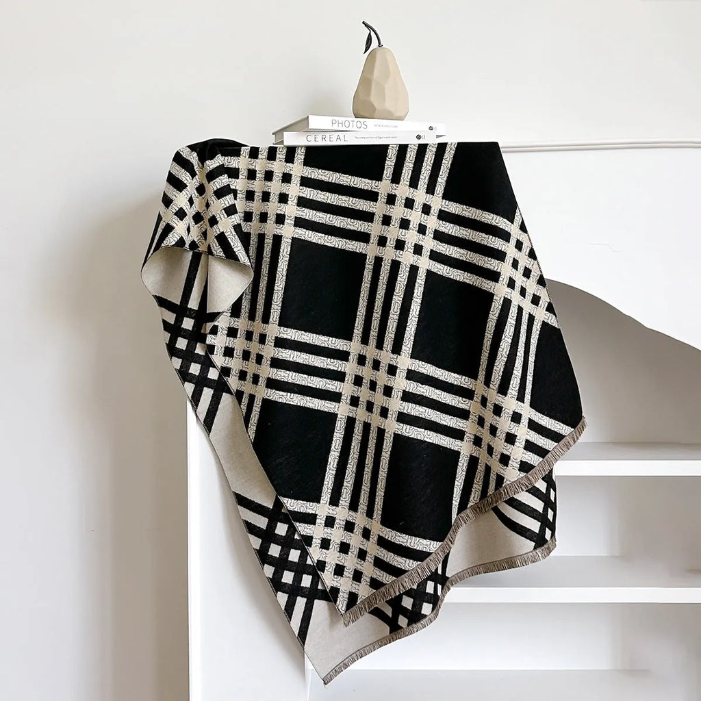 Qianjin imitation cashmere scarf 185x65cm with tassels in brown, black, black camel, and khaki colours