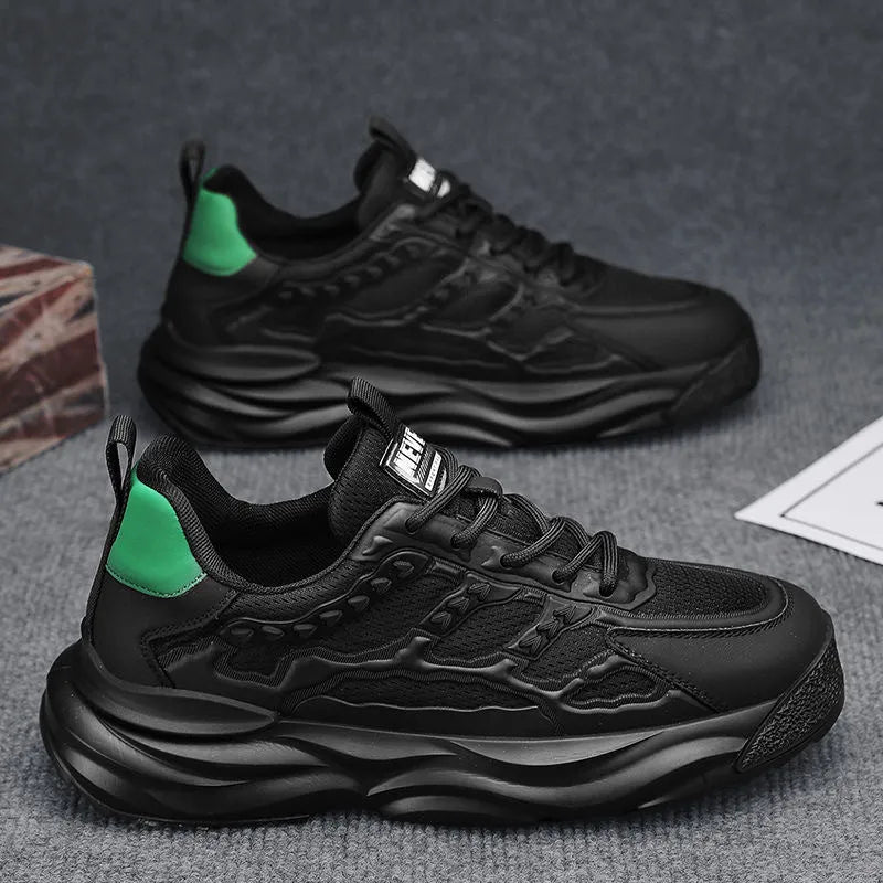 Men's white and black breathable mesh trainers with round toe design shown in sizes 39-44