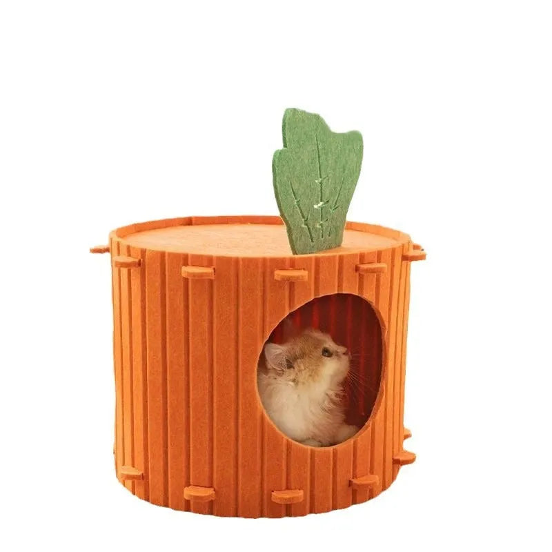 Carrot-shaped grey felt cat nest with a tunnel entrance, shown in two sizes for indoor cats.