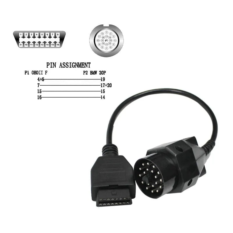 BMW OBD2 20-pin to 16-pin diagnostic cable adapter for vehicle scanner compatibility