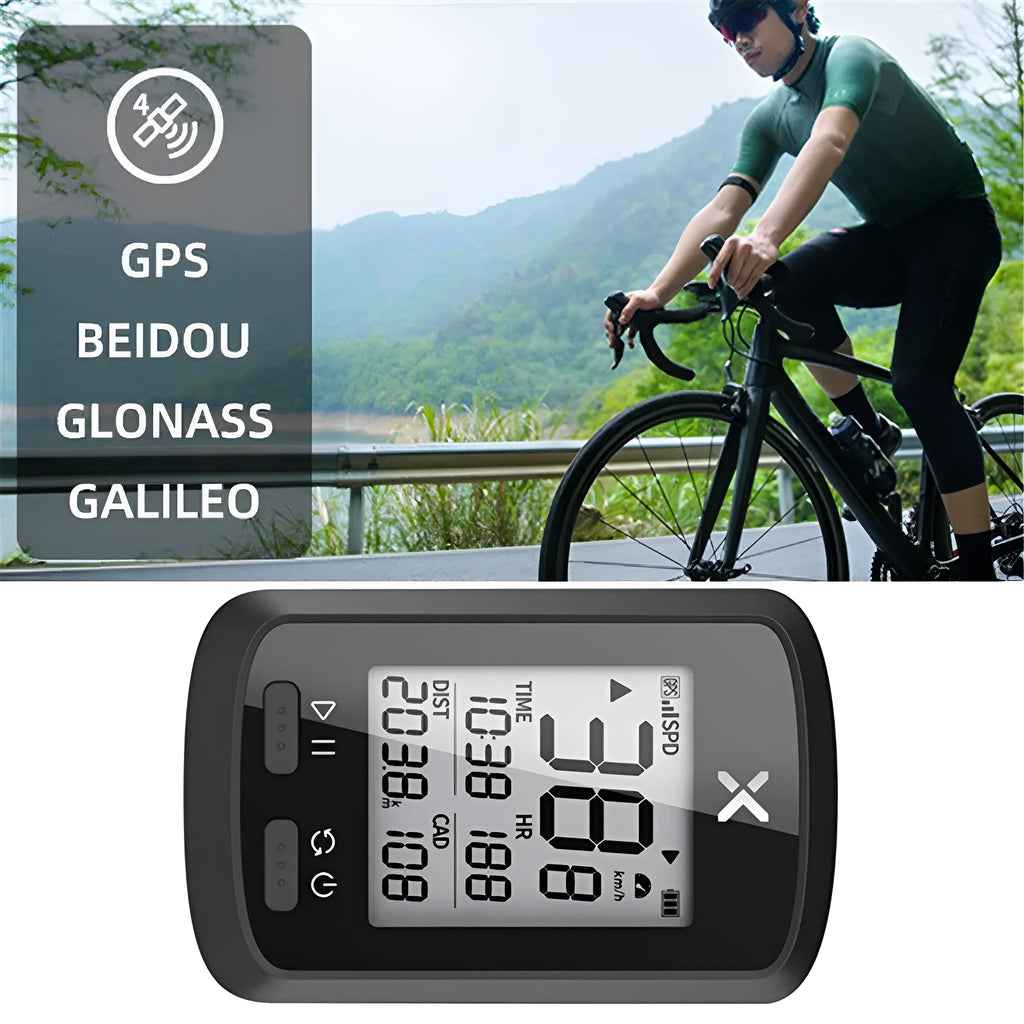 Black plastic waterproof digital stopwatch for bicycle handlebars.