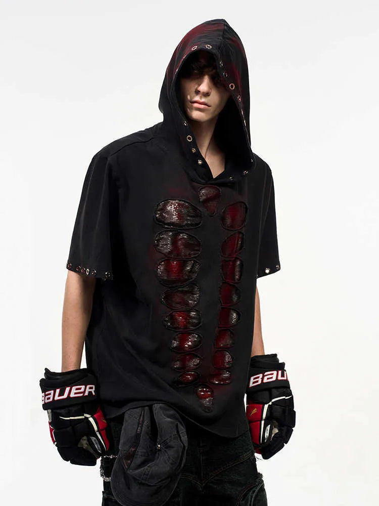 Black men's hooded T-shirt with sequin detailing and short sleeves