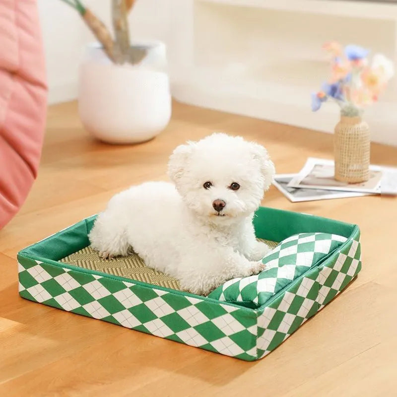 Blue rattan cat litter mat serving as a fixed bed in a home setting.
