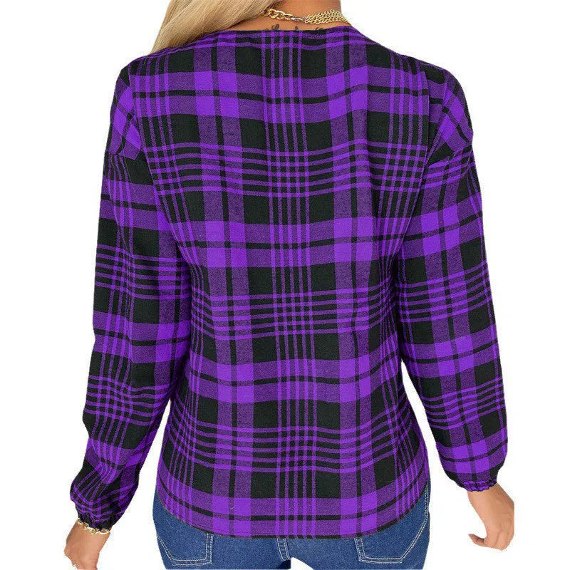 Women's purple plaid loose fit shirt with regular sleeves casual wear