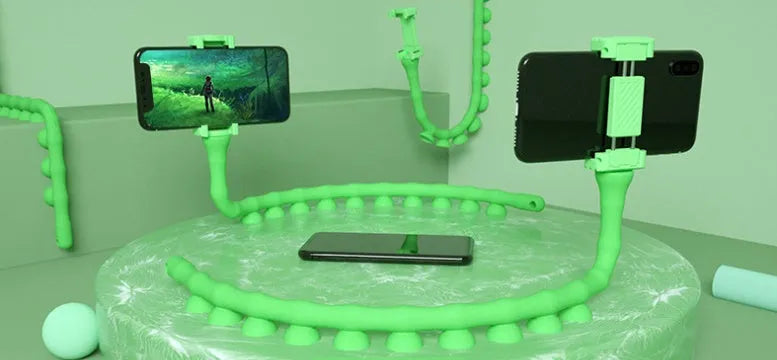 Black flexible rubber phone holder with suction cup extended on a 62cm arm