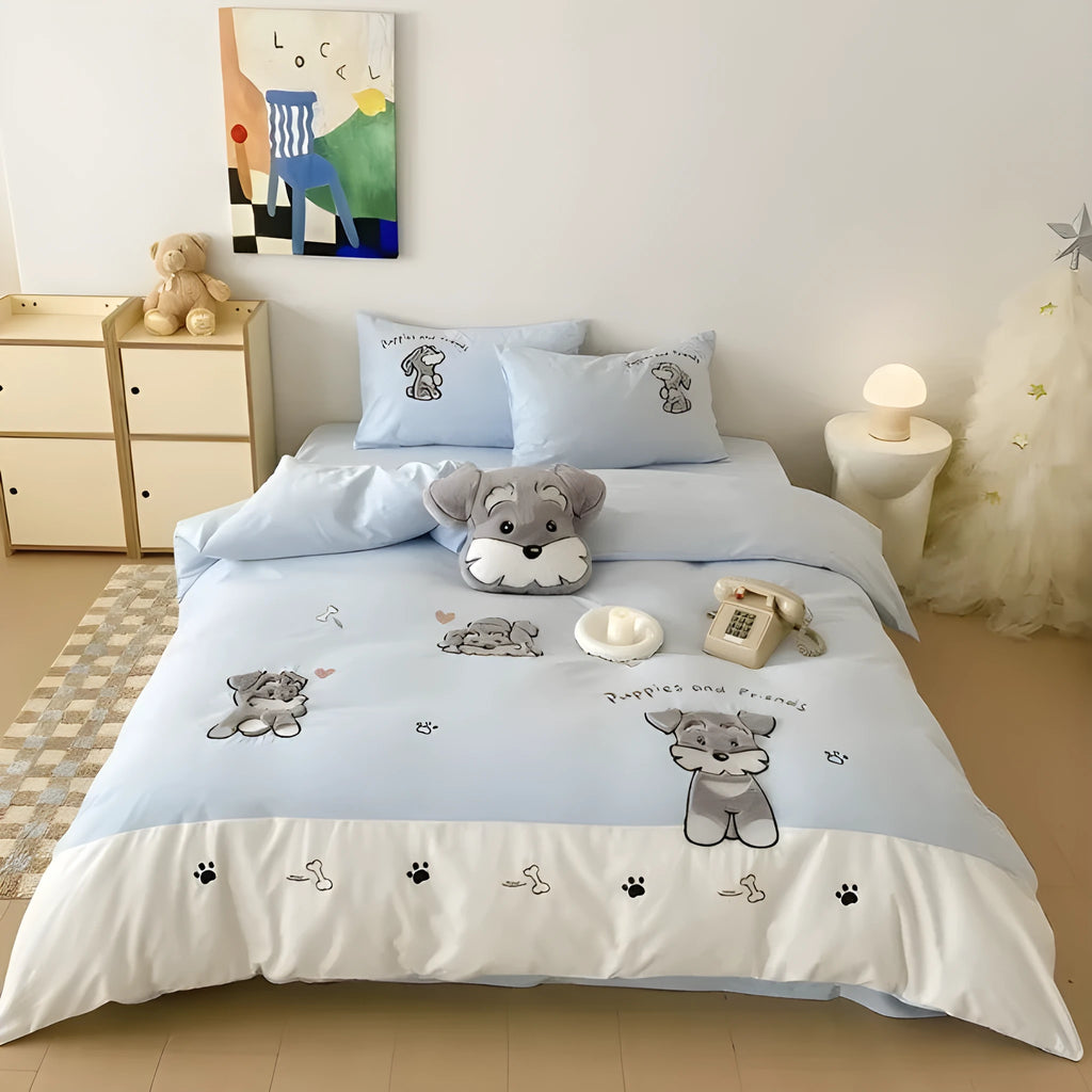 Cartoon Schnauzer pattern bed linen set with embroidered details on a cotton quilt cover and pillowcase.