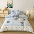 Cartoon Schnauzer pattern bed linen set with embroidered details on a cotton quilt cover and pillowcase.