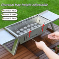 Small folding portable charcoal barbecue grill shown open for use and collapsed for storage