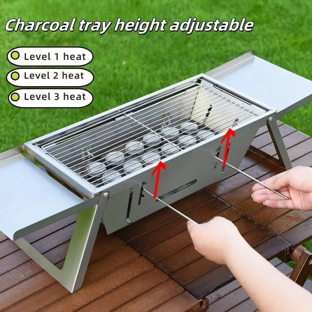 Small folding portable charcoal barbecue grill shown open for use and collapsed for storage