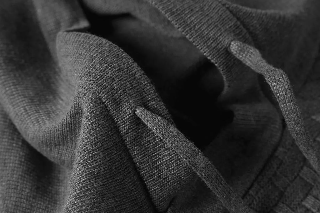 Men's cotton-polyester hooded sweatshirt shown in various colours including black, navy, and red.