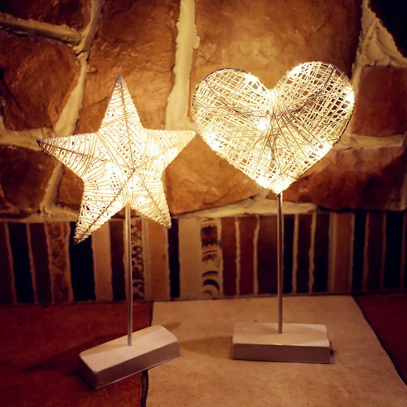 Rattan LED decorative lamp in star, heart or moon shape with warm white illumination