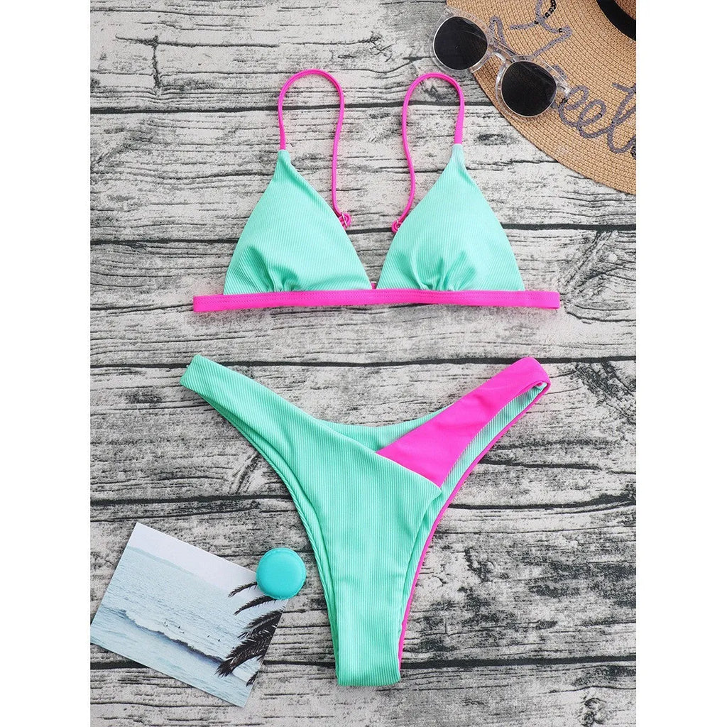 Women's two-piece nylon swimsuit bikini set in pattern design with adjustable bra