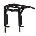 Black wall-mounted metal fitness station with sandbag rack and integrated parallel bars for pull-ups.