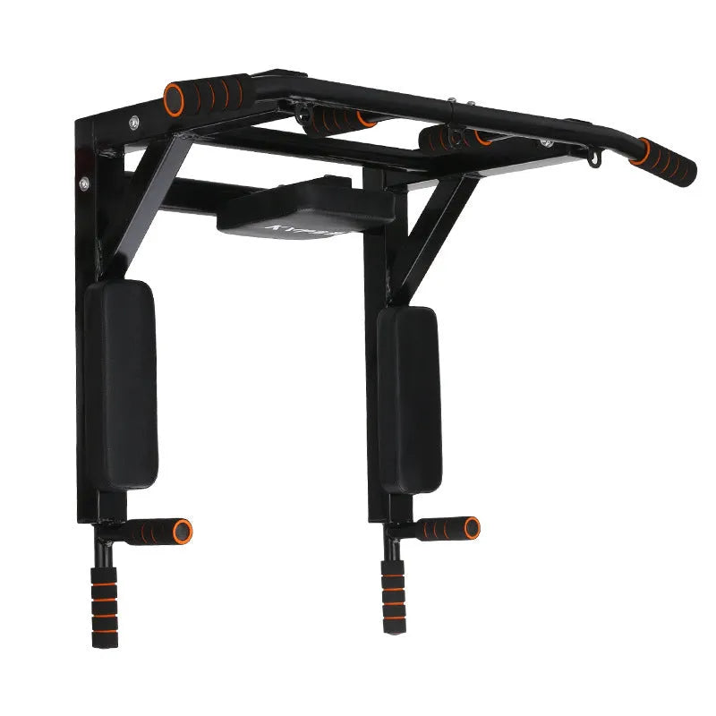 Black wall-mounted metal fitness station with sandbag rack and integrated parallel bars for pull-ups.