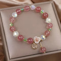 Strawberry quartz double layer bracelet with Lucky Cat charm in red cat's eye flowers colour