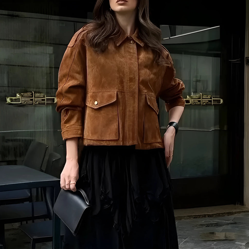 Women's brown suede coat street chic regular sleeve jacket in polyester fabric