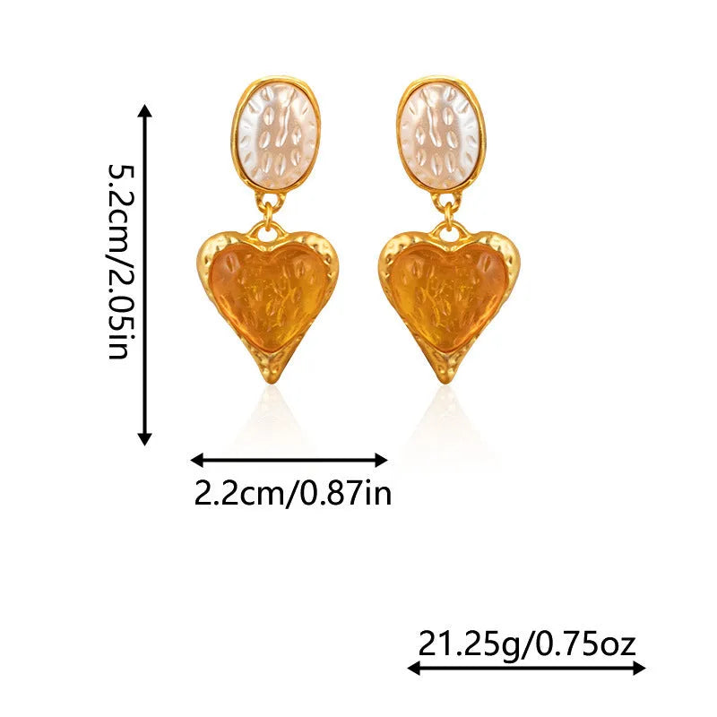 Silver needle pleated oval love heart alloy stud earrings in purple, red, green, and yellow-white.