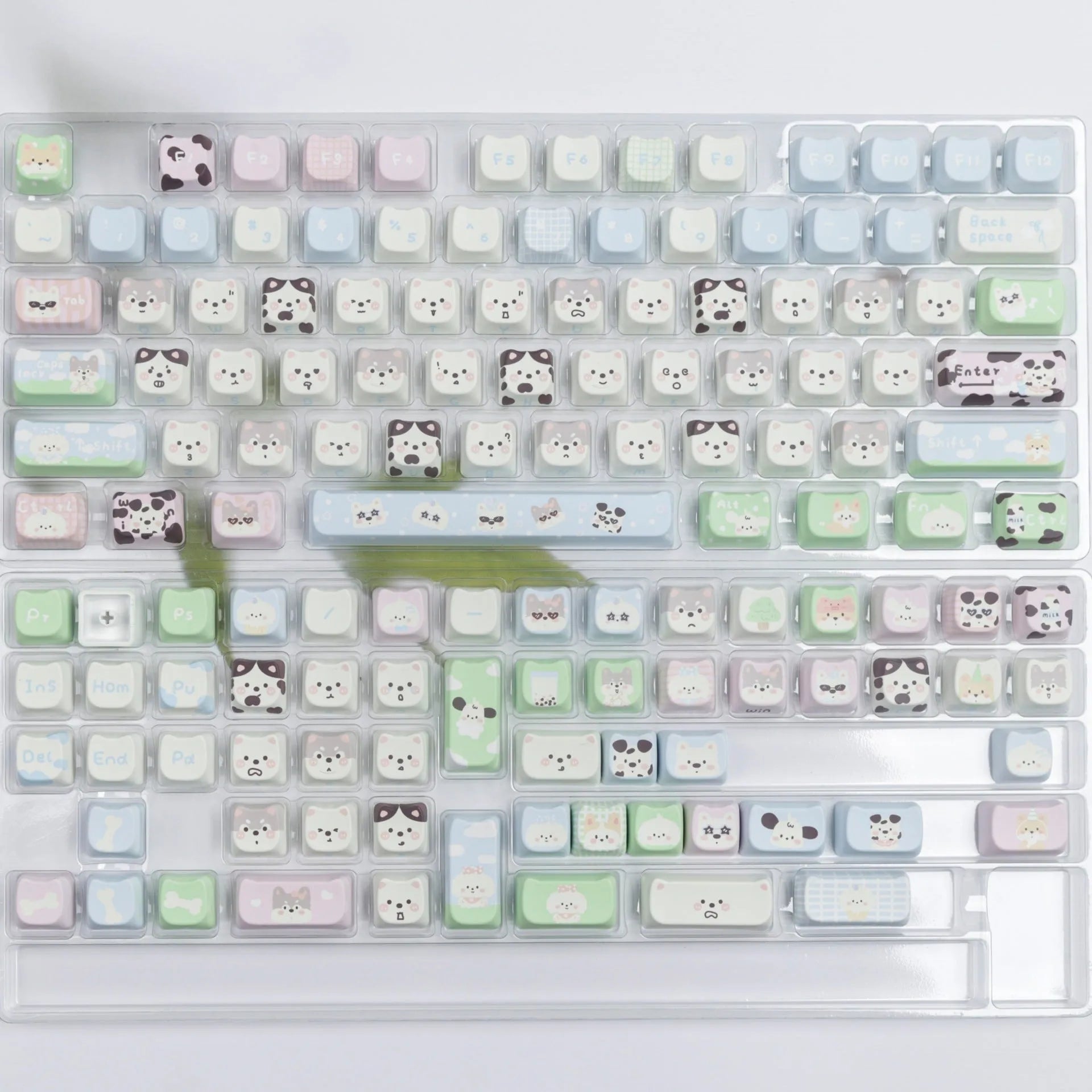 Full set of PBT key caps with sublimation printed cat and puppy designs for mechanical keyboards