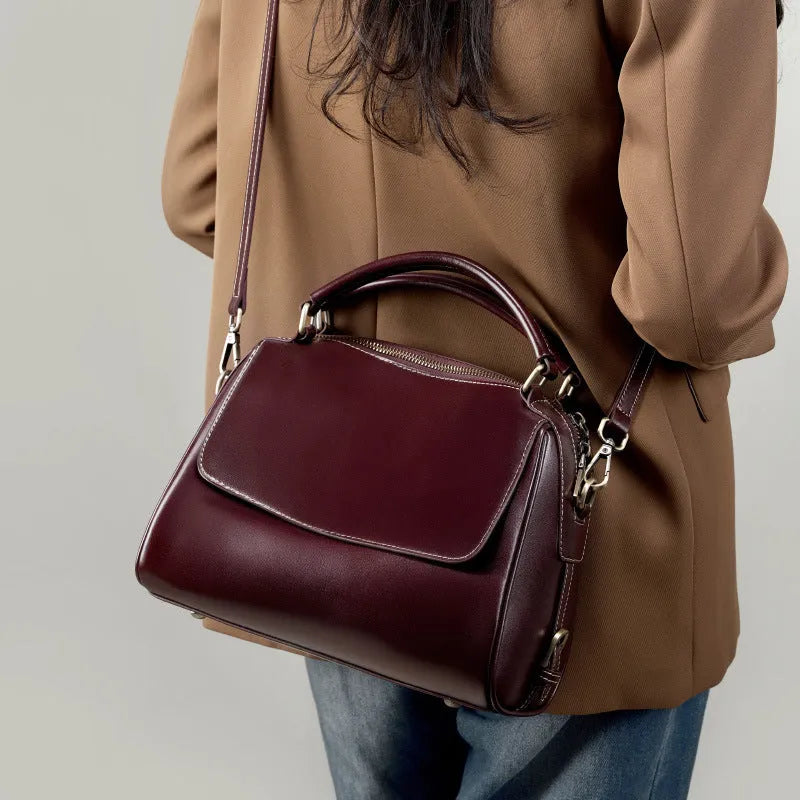 Women's genuine leather crossbody tote bag in cross square shape with double shoulder straps