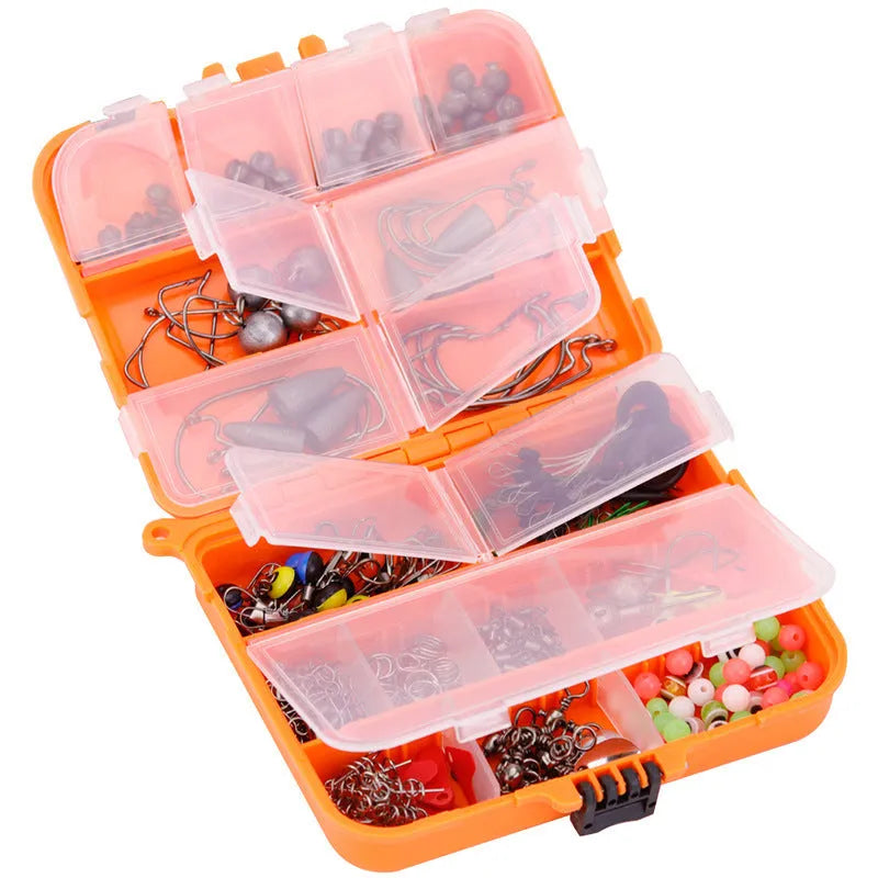 Weihe 257-piece fishing lure accessories kit in orange or black ABS organiser box.