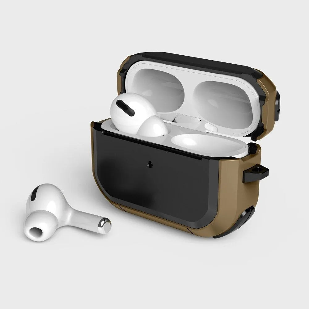 Hard protective shell case for Apple AirPods shown in multiple colours: black, red, pink, green, and yellow.