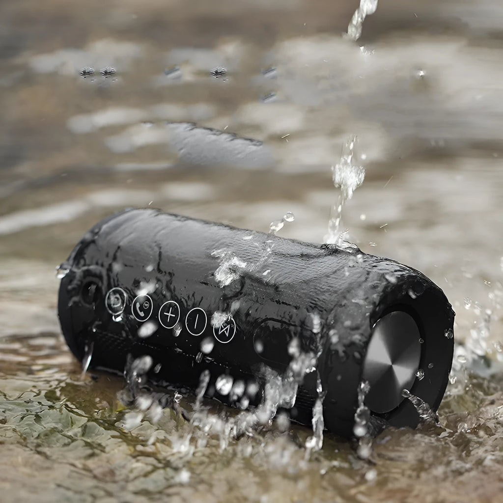 Outdoor waterproof card sound speaker in black, camouflage, grey, or red with Bluetooth, AUX, and TF card playback.