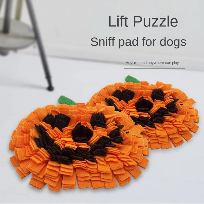 Orange pumpkin-shaped dog sniffing mat with soft fleece strips on a non-slip felt base