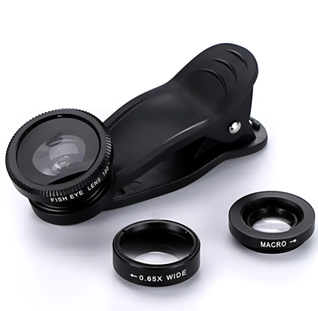 0.65X wide-angle fisheye macro three-in-one clip-on lens for smartphone cameras in black