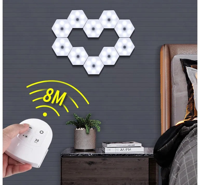 White wireless remote control pat light with ABS shell and 6 LED patches on a shelf