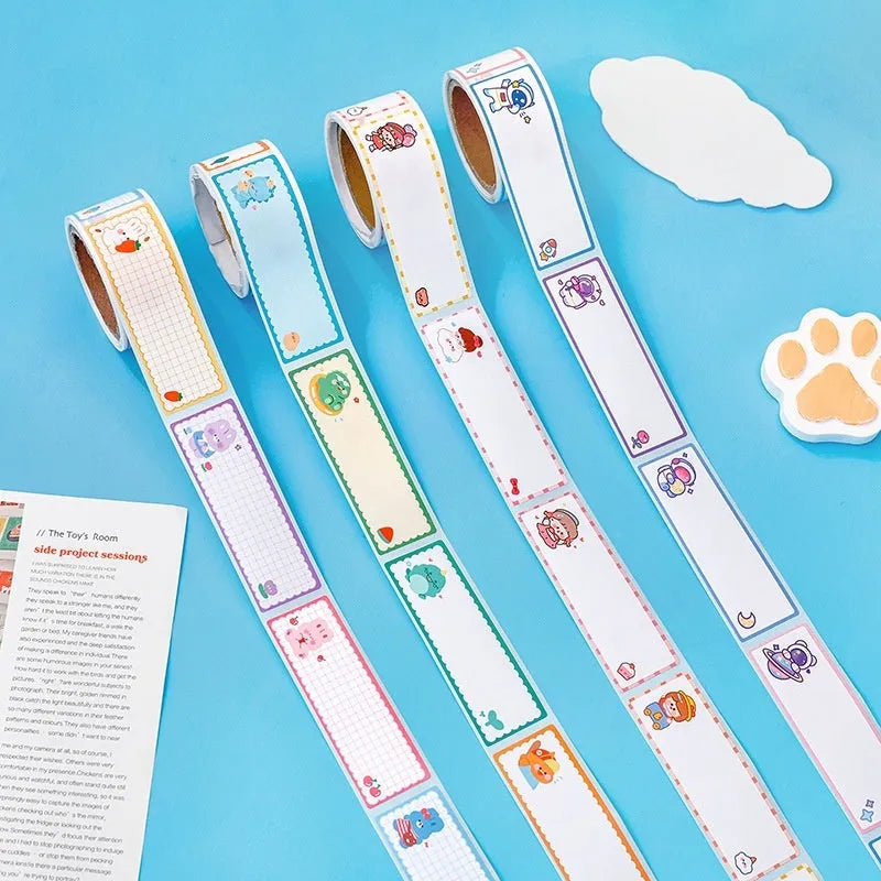 Roll of cartoon message index stickers showing dinosaur, astronaut, rabbit, and girl designs